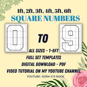 May include: A digital download of printable templates for square numbers 0 to 9. The templates are available in six sizes: 1 foot, 2 feet, 3 feet, 4 feet, 5 feet, and 6 feet. The image shows a black and white outline of the numbers 0 and 9.