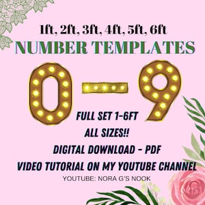 Plantillas de números de marquesina: 1 pie, 2 pies, 3 pies, 4 pies, 5 pies, 6 pies con tutoriales en vídeo paso a paso