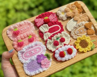 Flower Hair Clips, Cherry Crochet Hair Clips, Knitted Hair Clips, Girls Snap Clips, Toddler Hair Clips, Baby Hair Clip, Baby Snap Clip