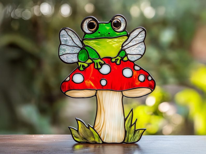 May include: A stained glass frog with wings sits on top of a red and white mushroom with a white stem. The mushroom is surrounded by green leaves.