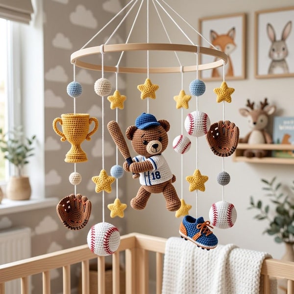 Baseball Baby Mobile, Crochet Sports Nursery Decor, Baseball Helmet and Jersey Baby Gift, Personalized Sports Nursery, Baby Shower Gifts