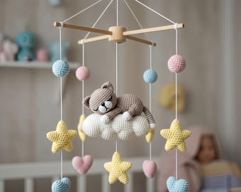 Aangepaste kat baby mobiel, gehaakte baby mobiel, aangepaste inrichting puppy kwekerij, wieg mobiel, kwekerij mobiel, babyshower cadeau, cadeau pasgeboren