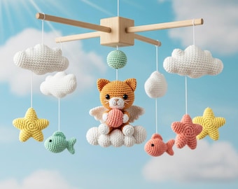 Móvil personalizado para perro y gato, móvil de ganchillo con forma de gato en una nube para bebé, decoración personalizada para habitación de cachorro, móvil para habitación de bebé, regalo para baby shower, regalo para recién nacido