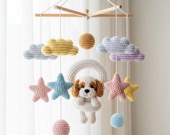 Aangepaste hond baby mobiel, gehaakte baby mobiel, aangepaste inrichting puppy kwekerij, wieg mobiel, kwekerij mobiel, babyshower cadeau, cadeau pasgeboren