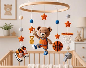 Crochet Basketball Baby Mobile, Crochet Sports Nursery Decor, Cute Bear Basketball Baby Gift, Personalized Sports Nursery, Baby Shower Gifts
