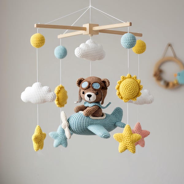 Custom Bear Baby Mobile, Crochet Baby Mobile, Custom Cute Bear On Airplane Nursery Decor, Crib Mobile, Baby Shower Gift, Newborn Gift