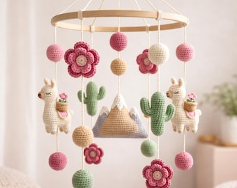Lama und Kaktus Mobile, Westliche Tiere Filz Mobile mit Alpaka Krippe Filz Mobile, Boho Kinderzimmer, Babypartygeschenk