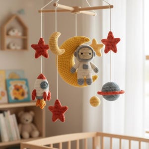 May include: A handmade crochet baby mobile featuring an astronaut, a yellow crescent moon, red stars, a rocket, a planet with a ring, and a yellow sun. The mobile is suspended from a wooden frame and is designed for a nursery.