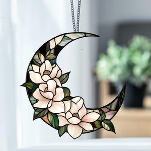Magnolienblume mit Mond ACRYL Fensterschmuck, Floral Home Decor, Blumenmutter Geschenk, Geschenk für Blumenliebhaber, Magnolienliebhaber Geschenk