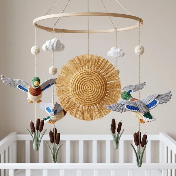 Mallard Duck Crochet Baby Mobile, Woodland Nursery Mobile, Duck Nursery Decor, Handmade Crib Mobile, Nature Inspired Baby Shower Gift