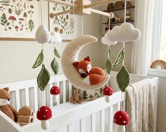 Personalized Crochet Baby Mobile, Woodland Baby Mobile, Fox Sleeping Autumn Nursery Decor, Crib Mobile, Baby Shower Gift, Newborn Gift