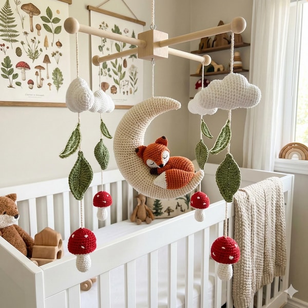Mobile per neonati personalizzato all'uncinetto, mobile per neonati con tema bosco, decorazione autunnale per cameretta con volpe addormentata, mobile per culla, regalo per baby shower, regalo per neonati