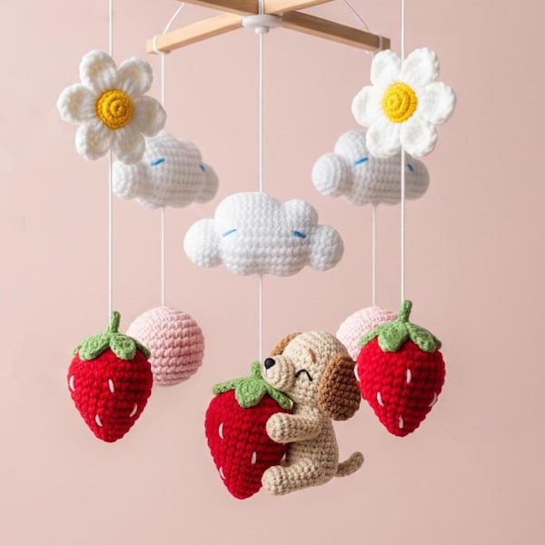 Custom Dog Mobile, Crochet Strawberry Baby Mobile, Custom Puppy Nursery Decor, Nursery Mobile, Baby Shower Gift, Newborn Gift, Dog Lover