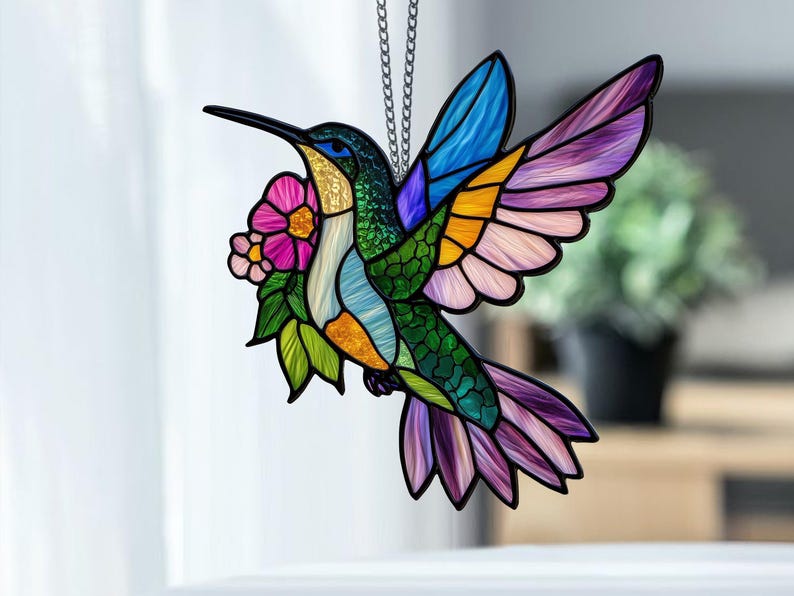 May include: A stained glass hummingbird with a long black beak, holding a pink flower. The bird's wings are blue, yellow, and purple. The body is green and gold, with a white chest. It hangs from a silver chain.