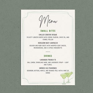 Zomermenusjabloon | Menuontwerp van 5 x 7 inch | Bewerkbare lunch- of dinersjabloon | Digitale download | Afdrukbaar menu | Minimalistisch: MU008