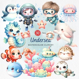 Clipart de aquarela submarina, chá de bebê subaquático, animais marinhos PNG, arte para berçário, clipart de oceano náutico, animais fofos, sublimação