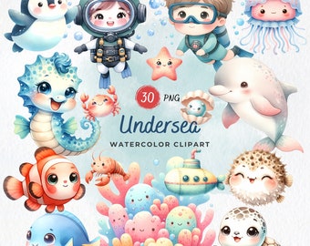 Clipart aquarelle sous-marine : animaux marins PNG, art pour chambre d'enfant (téléchargement numérique)