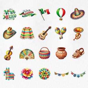 Puede incluir: Una colecci&oacute;n de ilustraciones coloridas de tem&aacute;tica mexicana, que incluyen un sombrero, maracas, una guitarra, una pi&ntilde;ata, una cesta, un abanico, una bandera, un globo aerost&aacute;tico, una trompeta, una sandalia y una guirnalda.