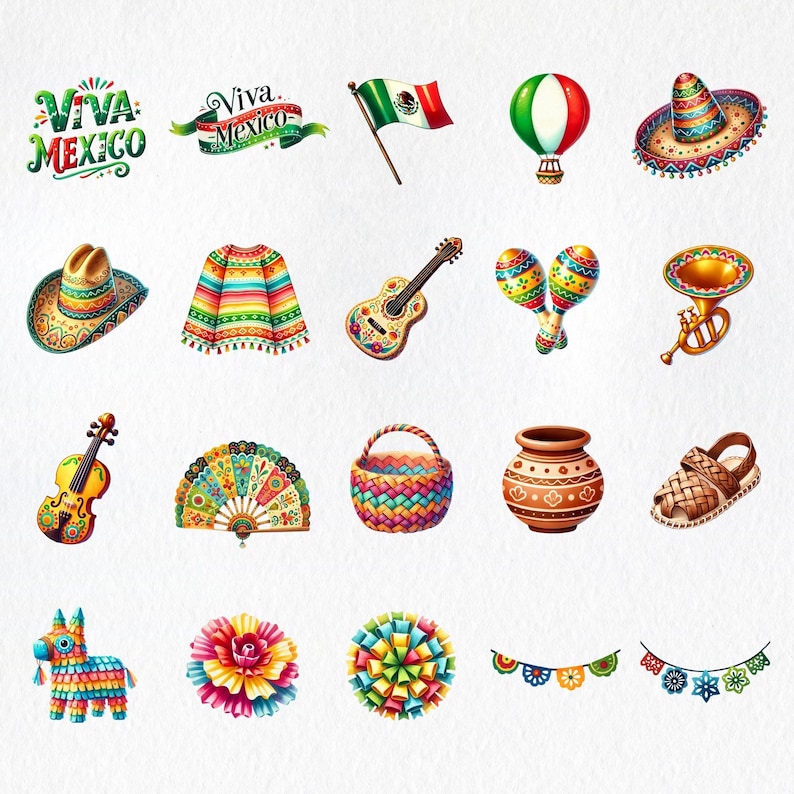 Puede incluir: Una colecci&oacute;n de ilustraciones coloridas de tem&aacute;tica mexicana, que incluyen un sombrero, maracas, una guitarra, una pi&ntilde;ata, una cesta, un abanico, una bandera, un globo aerost&aacute;tico, una trompeta, una sandalia y una guirnalda.