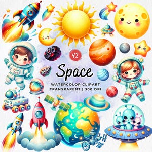 Clipart fofo de aquarela espacial, PNG de espaço sideral, astronauta fofo, decoração de berçário, planetas, foguete, OVNI, alienígena, galáxia, estrelas, chá de bebê espacial