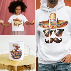Peut inclure: Un sweat-shirt blanc avec un sombrero color&eacute;, des lunettes de soleil et une moustache. Une tasse blanche avec une femme de dessin anim&eacute; portant une robe color&eacute;e et un sombrero. Un t-shirt blanc avec un taco de dessin anim&eacute; portant un sombrero et jouant de la guitare.