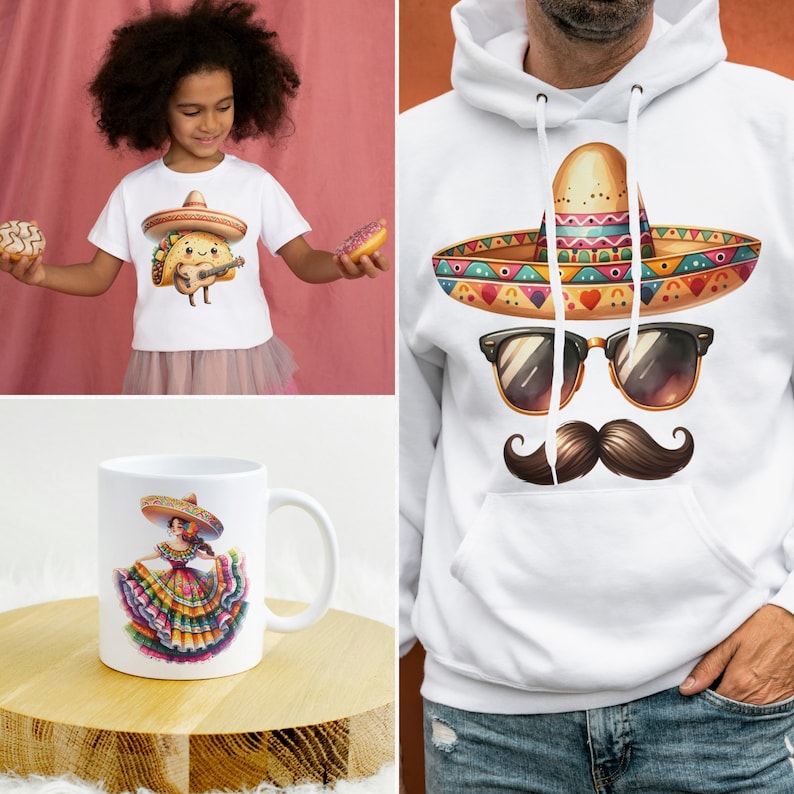 Peut inclure: Un sweat-shirt blanc avec un sombrero color&eacute;, des lunettes de soleil et une moustache. Une tasse blanche avec une femme de dessin anim&eacute; portant une robe color&eacute;e et un sombrero. Un t-shirt blanc avec un taco de dessin anim&eacute; portant un sombrero et jouant de la guitare.