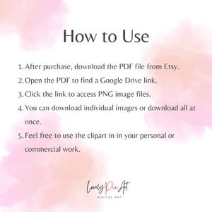 May include: White background with pink watercolor accents and the text "How to Use." Instructions include downloading a PDF from Etsy, opening it for a Google Drive link, and accessing PNG image files. The text also mentions using the clipart for personal or commercial work.