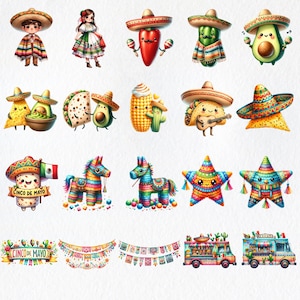 Peut inclure: Une collection d'illustrations color&eacute;es c&eacute;l&eacute;brant le Cinco de Mayo. Les illustrations comprennent une fille en robe traditionnelle, un taco jouant de la guitare, une pi&ntilde;ata en forme d'&eacute;toile, une pi&ntilde;ata en forme de cheval, un camion de nourriture et une banni&egrave;re avec le texte "Cinco de Mayo".