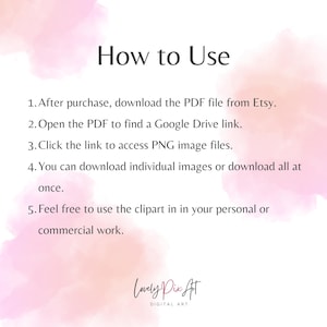 Peut inclure: Fond d'&eacute;cran aquarelle rose et blanc avec du texte qui dit "Comment utiliser" et des instructions sur la fa&ccedil;on de t&eacute;l&eacute;charger des images clipart num&eacute;riques depuis Etsy. Le texte comprend &eacute;galement le nom "Lovely Pix Art" et les mots "Art num&eacute;rique".