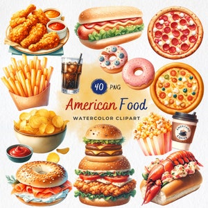Clipart cuisine américaine aquarelle, art culinaire, 4 juillet, nourriture PNG, pizza party, clipart hamburger, chemise alimentaire, décoration de cuisine, restauration rapide