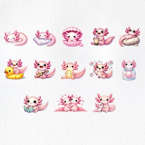 May include: A collection of pink axolotl illustrations in various poses. One axolotl is sleeping, another is in a seashell, and others are holding items like a guitar, star, and bubbles. The axolotls are cute and cartoonish.
