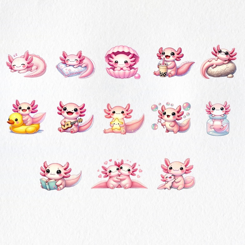 May include: A collection of pink axolotl illustrations in various poses. One axolotl is sleeping, another is in a seashell, and others are holding items like a guitar, star, and bubbles. The axolotls are cute and cartoonish.