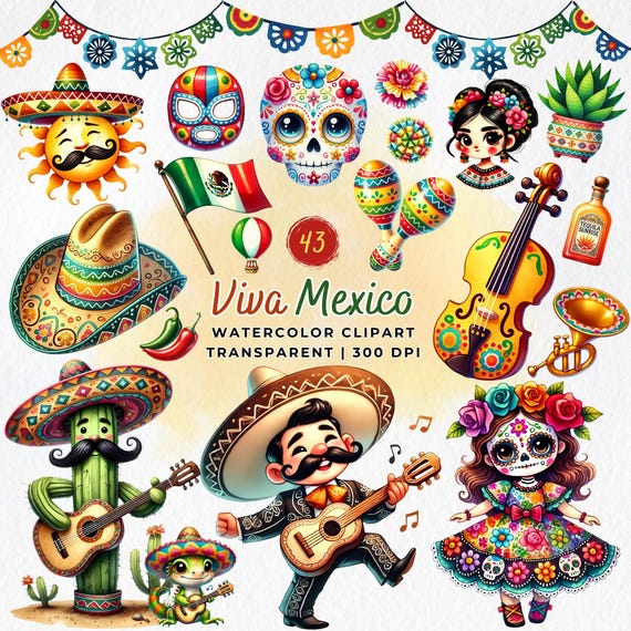 Viva Mexico Clipart, Cinco de Mayo PNG , Watercolor Art, Fiesta, Dia De Muertos, Mexican Art , Cactus , Sombrero , Maracas, Sugar Skull