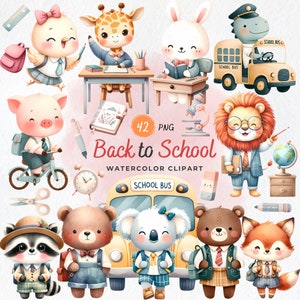 Clipart de regreso a clases, primer día de clases, animales escolares en acuarela, útiles escolares PNG, clipart de maestro, autobús escolar, animales PNG