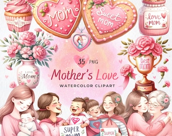 Clipart aquarelle fête des mères : ensemble PNG oeillet rose, amour des mères, cadeau aquarelle de fête des mères (téléchargement numérique)