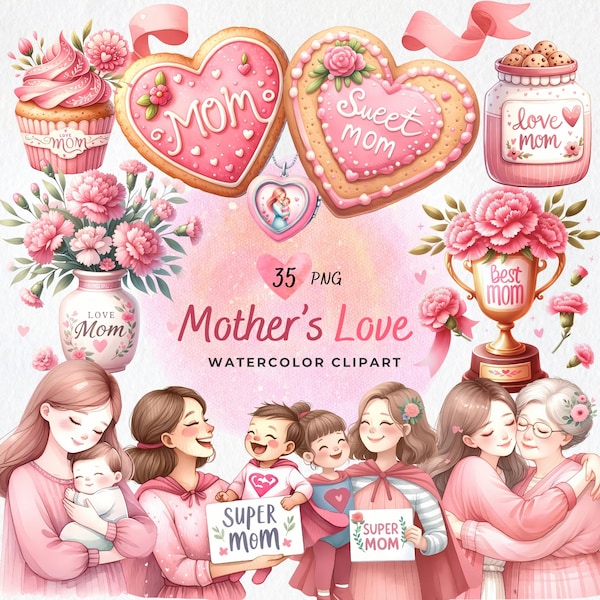 Mother Day PNG , Happy Mother's Day Clipart , Mother Love , Watercolor Mother Clipart , Mother Day Gift , Pink Carnation , Sublimation