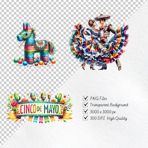 Peut inclure: Une illustration color&eacute;e de la f&ecirc;te du Cinco de Mayo avec une pi&ntilde;ata traditionnelle en forme de cheval, un couple dansant en costumes color&eacute;s et une banni&egrave;re avec le texte "Cinco de Mayo".