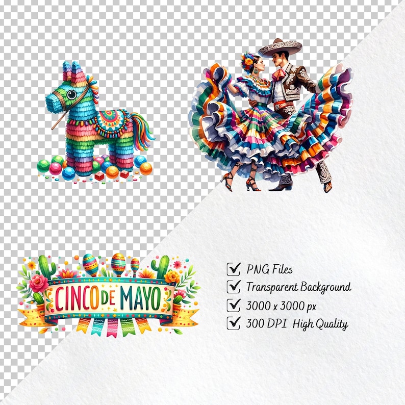 Peut inclure: Une illustration color&eacute;e de la f&ecirc;te du Cinco de Mayo avec une pi&ntilde;ata traditionnelle en forme de cheval, un couple dansant en costumes color&eacute;s et une banni&egrave;re avec le texte "Cinco de Mayo".