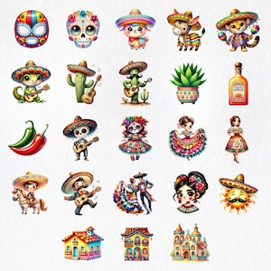 Puede incluir: Un conjunto de 20 ilustraciones digitales coloridas que representan diversos temas culturales mexicanos, incluyendo una m&aacute;scara de luchador, una calavera de az&uacute;car, un cactus, una banda de mariachis, un vestido tradicional, una iglesia y una botella de tequila.