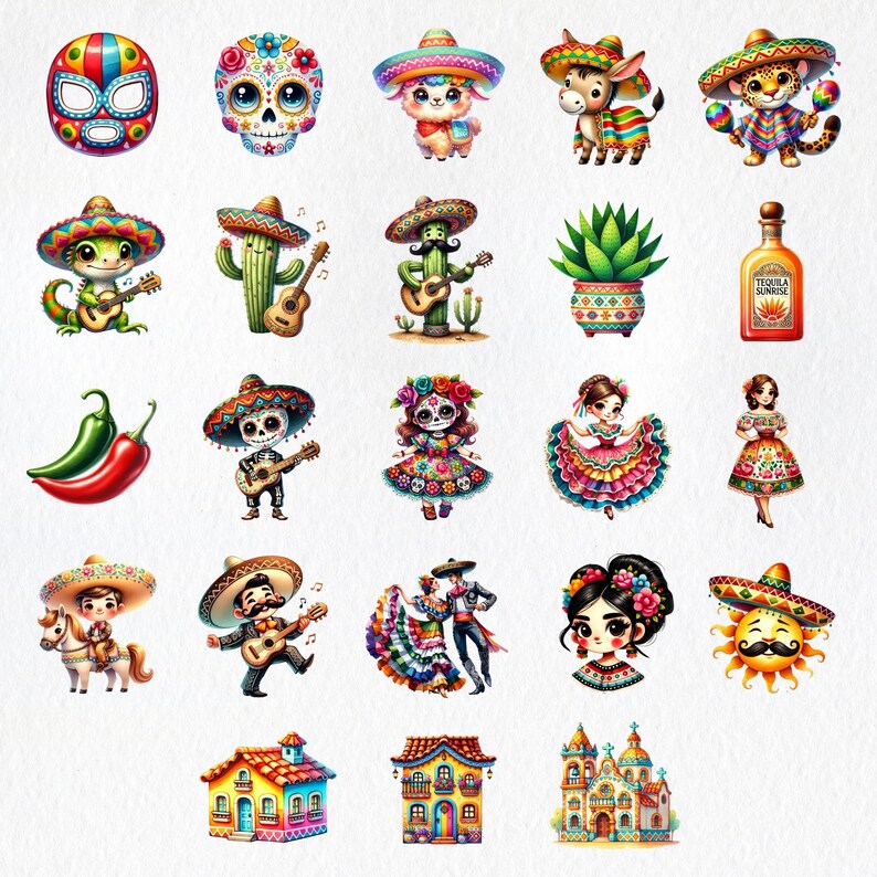 Puede incluir: Un conjunto de 20 ilustraciones digitales coloridas que representan diversos temas culturales mexicanos, incluyendo una m&aacute;scara de luchador, una calavera de az&uacute;car, un cactus, una banda de mariachis, un vestido tradicional, una iglesia y una botella de tequila.