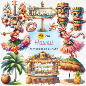 Könnte beinhalten: Ein Set mit 40 Aquarell-Clipart-Bildern mit hawaiianischen Motiven. Das Set enthält eine Ukulele, eine Tiki-Bar, eine Palme, eine Hula-Tänzerin, eine Ananas, ein Schild mit der Aufschrift "Hawaii" und zwei Tiki-Statuen.