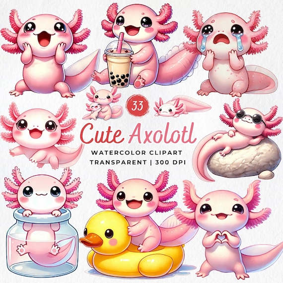 Cute Axolotl PNG, Kawaii Axolotl Clipart, Watercolor Pink Axolotl Bundle, Nursery Art, Baby Shower PNG, Sea Animals, Digital Download