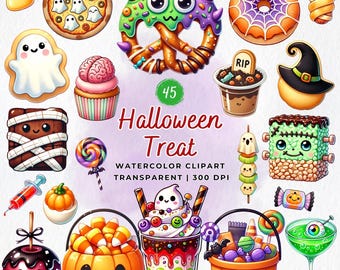 May include: Watercolor clipart set featuring various Halloween treats. Includes a pizza with ghost toppings, a monster pretzel, a spiderweb donut, a cupcake with a brain, and a pumpkin candy bucket. The text reads "45 Halloween Treat".
