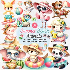 Imágenes prediseñadas de animales de playa de verano, verano lindo, animales lindos de acuarela, imágenes prediseñadas de mar, PNG de vacaciones, camiseta de verano, panda, koala, conejo, flamenco