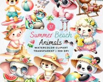 Summer Beach Animals Clipart, Cute Summer, Cute Watercolor Animals, Sea Clipart, Vacation PNG, Summer Shirt, Panda, Koala, Bunny, Flamingo