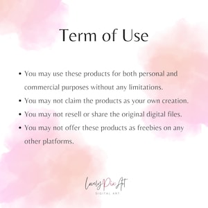 May include: A white background with the text "Term of Use" in black. Below, bullet points detail usage rights, including personal and commercial use, with restrictions on claiming, reselling, or offering the products as freebies. The Lovely Pix Art logo is at the bottom.