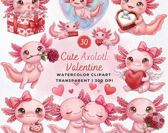 Cute Axolotl Valentine Clipart Set | Valentine’s Day PNG | Romantic Clipart for Cards, Stickers, Crafts | Sweet Love | Nursery Art