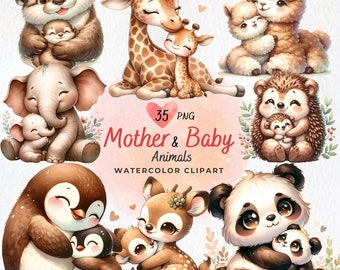 Clipart animaux mère et bébé, fête des mères, clipart animaux aquarelle, mère et enfant, sublimation, clipart animaux mignons