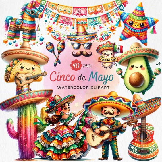 Cinco de Mayo PNG , Fiesta Clipart , Mexican Art , Watercolor Clipart , Cactus , Sombrero , Mexican Festival , Sublimation Prints