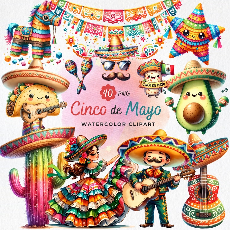 Cinco de Mayo PNG, Fiesta Clipart, Art mexicain, Clipart aquarelle, cactus, sombrero, festival mexicain, impressions par sublimation image 1
